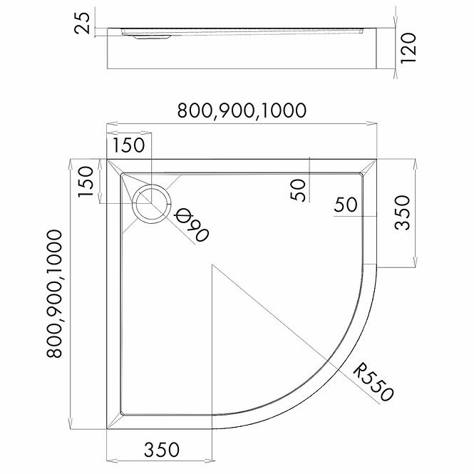 Vanička polokrúhla Black Stone 80x80x12 R55 Espera Plus AQM4633CST