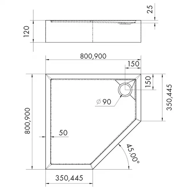 Vanička päťuhlová Black Stone 80x80x12 Espera Plus AQM4697CST