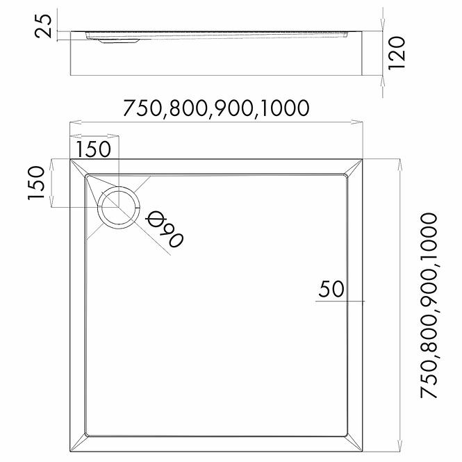 Vanička štvorcová Black Mat 80x80x12 Espera Plus AQM4630CMG