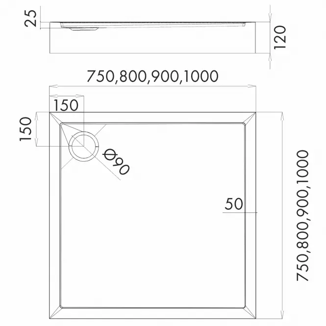 Vanička štvorcová Black Mat 90x90x12 Espera Plus AQM4631CMG