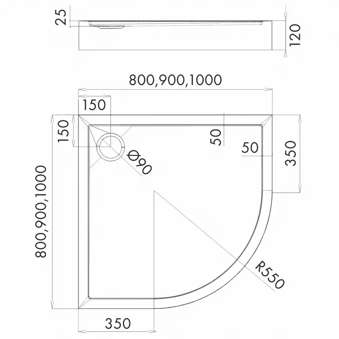 Vanička polokrúhla Black Mat 80x80x12 R55 Espera Plus AQM4633CMG