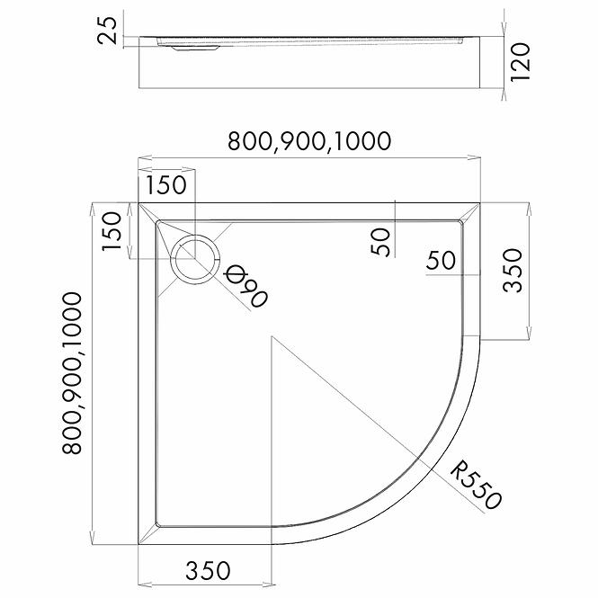 Vanička polokrúhla Black Mat 80x80x12 R55 Espera Plus AQM4633CMG