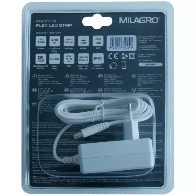 Páska LED 5M + Napájanie IP65 3000K MLZ8024 MILAGRO
