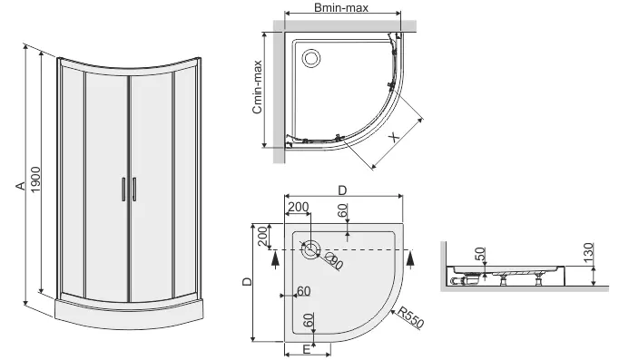 Štvrťkruhový Sprchový kút POL.KP4/TX5B 90/190 W15 SB+BPZA 2EL Glass Protec,3