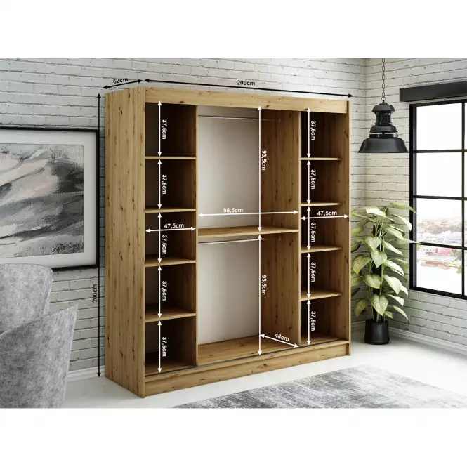 Skriňa Halifax T2 200 Dub Artisan/čierna/Zrkadlo,3