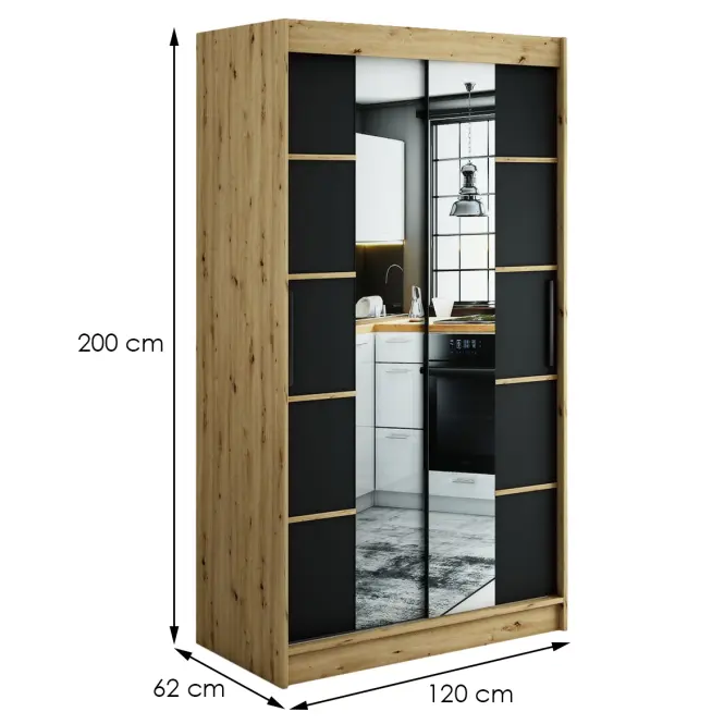 Skriňa Halifax V4 120 Dub Artisan/čierna/Zrkadlo,2