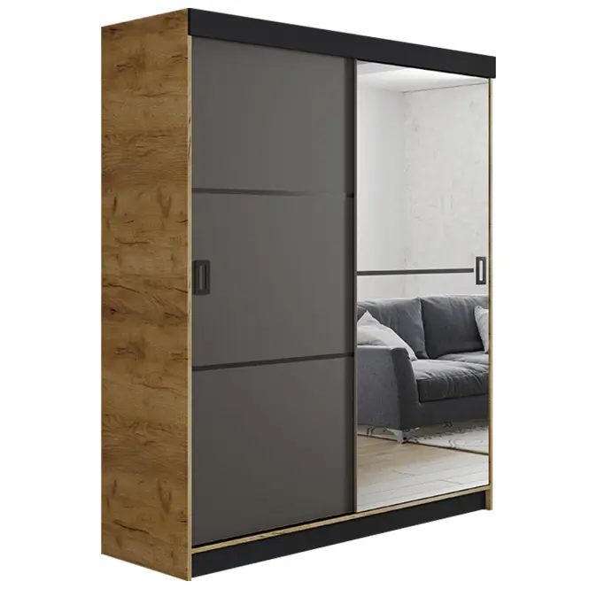 Skriňa s posuvnými dverami Retro 2L 138 cm so zrkadlom – dub craft zlatý/grafit, dvojdverová
