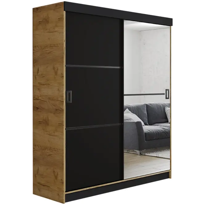 Skriňa s posuvnými dverami Retro 2L 138 cm so zrkadlom – dub craft zlatý/čierna, dvojdverová