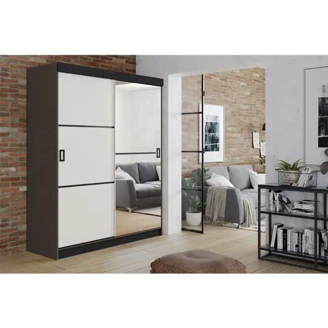 Skriňa s posuvnými dverami Retro 2L 138 cm so zrkadlom – grafit/biela, dvojdverová