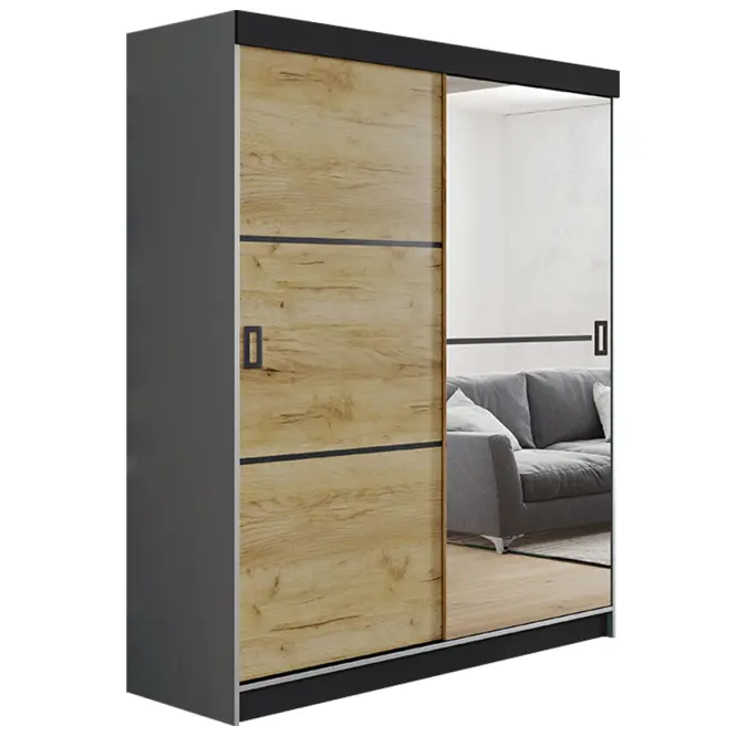 Skriňa s posuvnými dverami Retro 2L 138 cm so zrkadlom – grafit/dub craft zlatý, dvojdverová