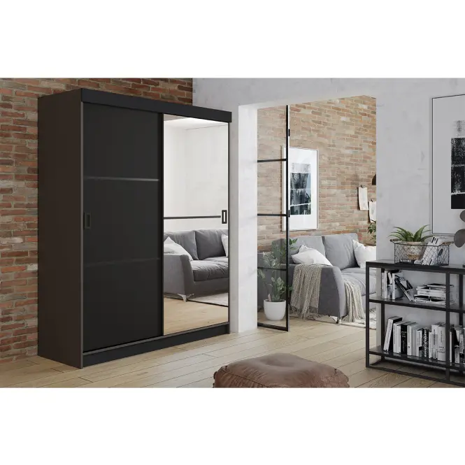 Skriňa s posuvnými dverami Retro 2L 138 cm so zrkadlom – grafit/čierna, dvojdverová
