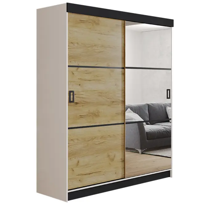 Skriňa s posuvnými dverami Retro 3L 138 cm so zrkadlom – biela/dub craft zlatý, dvojdverová