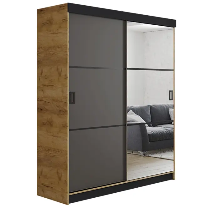 Skriňa s posuvnými dverami Retro 3L 138 cm so zrkadlom – dub craft zlatý/grafit, dvojdverová