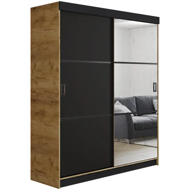 Skriňa s posuvnými dverami Retro 3L 138 cm so zrkadlom – dub craft zlatý/čierna, dvojdverová