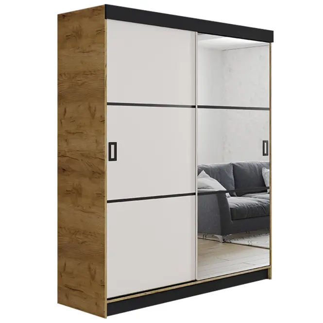Skriňa s posuvnými dverami Retro 3L 138 cm so zrkadlom – dub craft zlatý/biela, dvojdverová