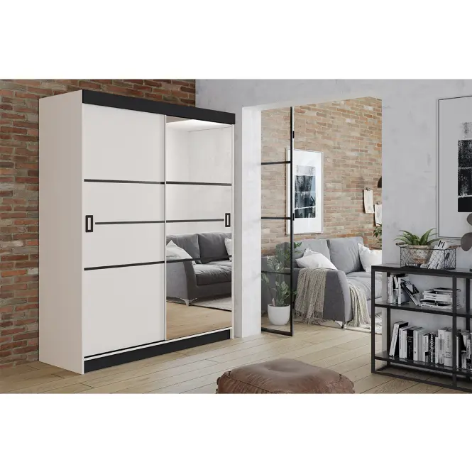 Skriňa s posuvnými dverami Retro 4L 138 cm so zrkadlom – biela, dvojdverová,4