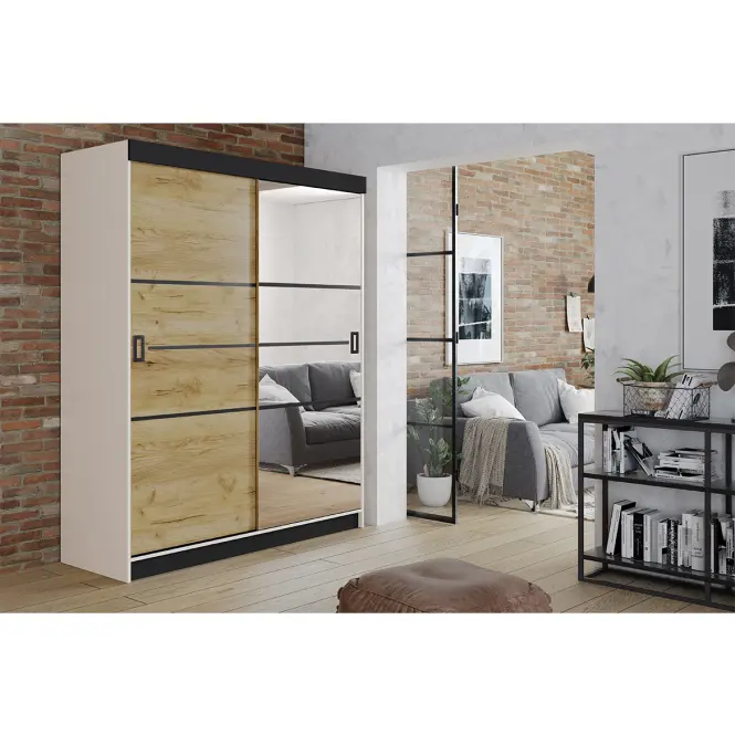 Skriňa s posuvnými dverami Retro 4L 138 cm so zrkadlom – biela/dub craft zlatý, dvojdverová