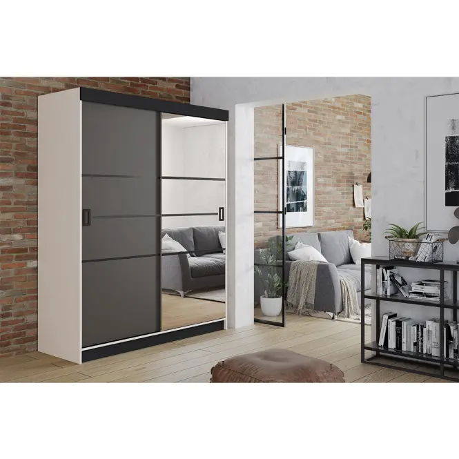 Skriňa s posuvnými dverami Retro 4L 138 cm so zrkadlom – biela/grafit, dvojdverová,4