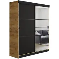 Skriňa s posuvnými dverami Retro 4L 138 cm so zrkadlom – dub craft zlatý/čierna, dvojdverová