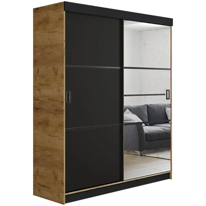 Skriňa s posuvnými dverami Retro 4L 138 cm so zrkadlom – dub craft zlatý/čierna, dvojdverová