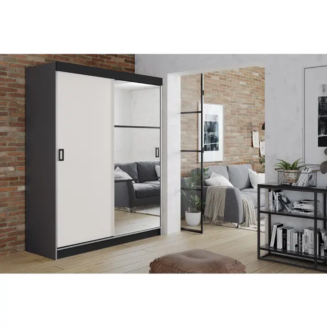 Skriňa s posuvnými dverami Retro 5L 138 cm so zrkadlom – grafit/biela, dvojdverová,4