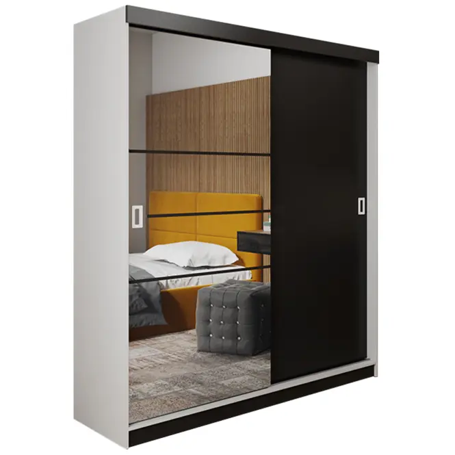 Skriňa s posuvnými dverami Retro 6L 138 cm so zrkadlom – biela/čierna, dvojdverová