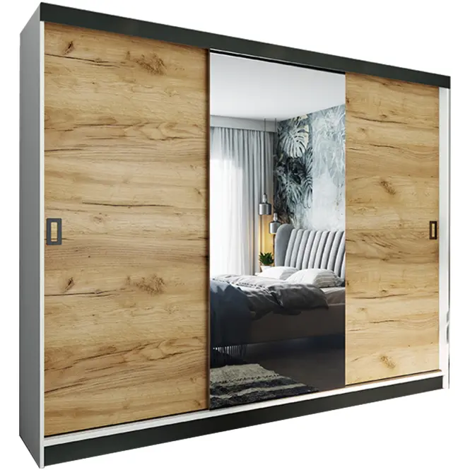 Skriňa s posuvnými dverami Retro 1L 200 cm so zrkadlom – biela/dub craft zlatý, trojdverová