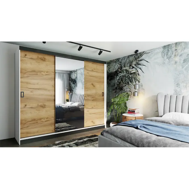 Skriňa s posuvnými dverami Retro 1L 200 cm so zrkadlom – biela/dub craft zlatý, trojdverová
