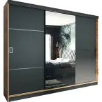 Skriňa s posuvnými dverami Retro 2L 200 cm so zrkadlom – dub craft zlatý/grafit, trojdverová