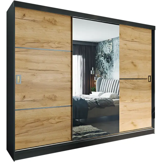Skriňa s posuvnými dverami Retro 2L 200 cm so zrkadlom – grafit/dub craft zlatý, trojdverová