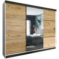 Skriňa s posuvnými dverami Retro 3L 200 cm so zrkadlom – biela/dub craft zlatý, trojdverová