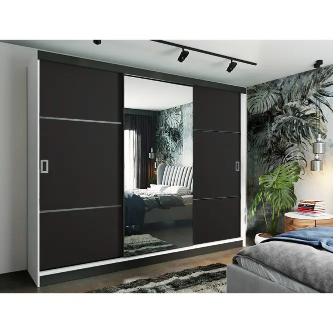 Skriňa s posuvnými dverami Retro 3L 200 cm so zrkadlom – biela/čierna, trojdverová,2