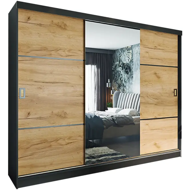 Skriňa s posuvnými dverami Retro 3L 200 cm so zrkadlom – grafit/dub craft zlatý, trojdverová
