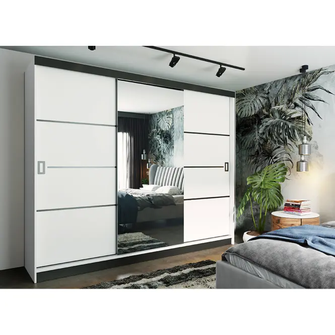 Skriňa s posuvnými dverami Retro 4L 200 cm so zrkadlom – biela, trojdverová,2