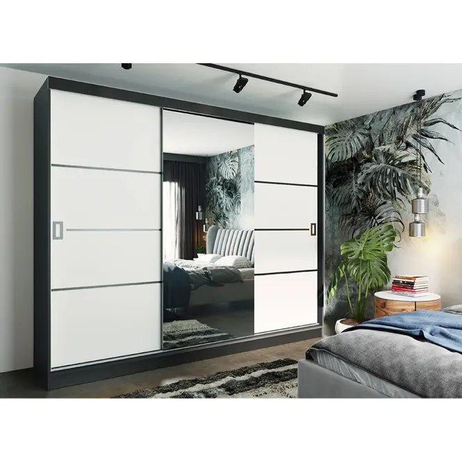 Skriňa s posuvnými dverami Retro 4L 200 cm so zrkadlom – grafit/biela, trojdverová,2