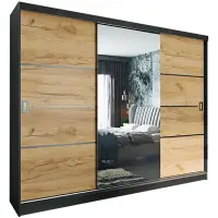 Skriňa s posuvnými dverami Retro 4L 200 cm so zrkadlom – grafit/dub craft zlatý, trojdverová