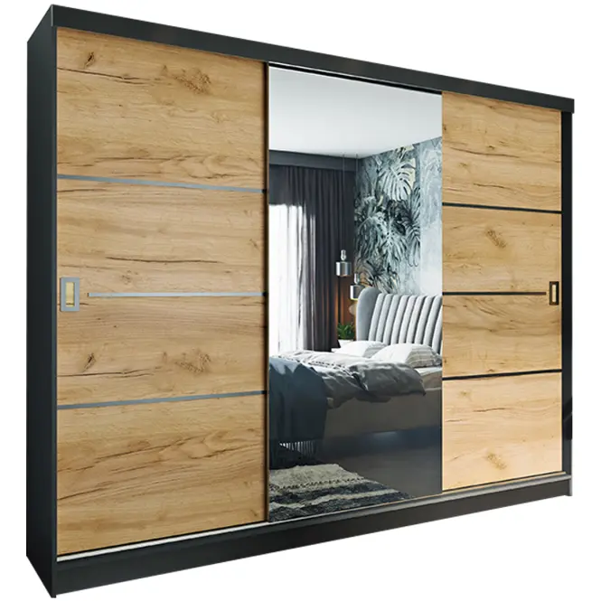 Skriňa s posuvnými dverami Retro 4L 200 cm so zrkadlom – grafit/dub craft zlatý, trojdverová