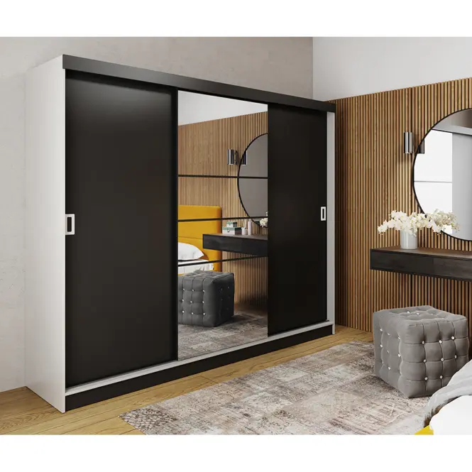 Skriňa s posuvnými dverami Retro 6L 200 cm so zrkadlom – biela/čierna, trojdverová