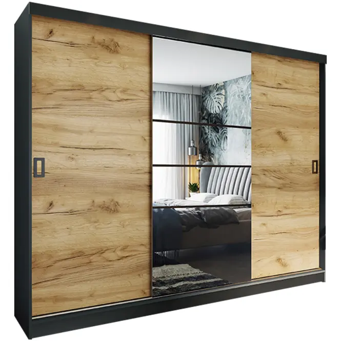 Skriňa s posuvnými dverami Retro 6L 200 cm so zrkadlom – grafit/dub craft zlatý, trojdverová