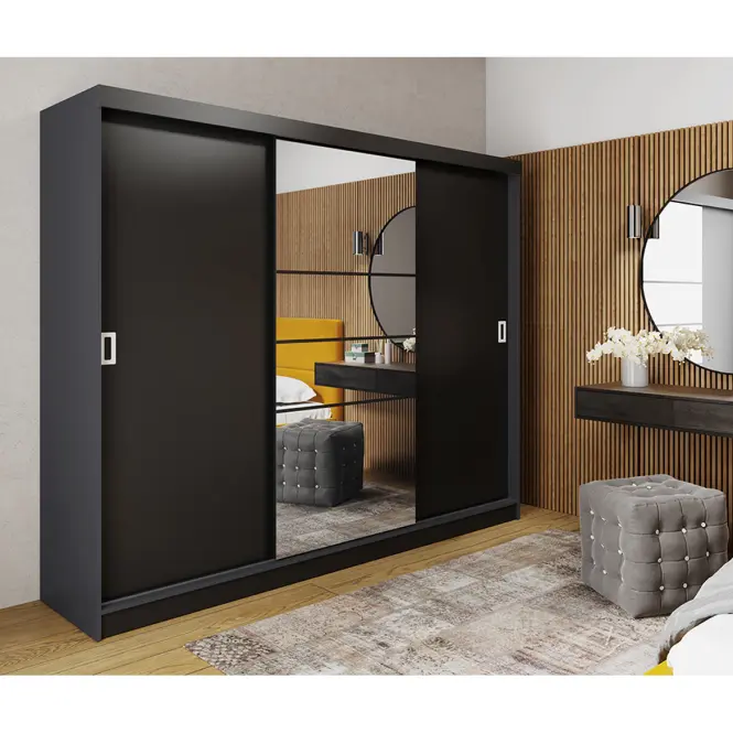 Skriňa s posuvnými dverami Retro 6L 200 cm so zrkadlom – grafit/čierna, trojdverová