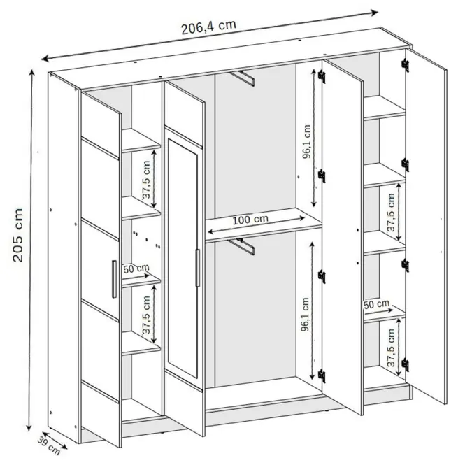 Skriňa Roj 207 cm so zrkadlom – biela, štvordverová
