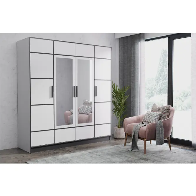 Skriňa Roj 207 cm so zrkadlom – biela, štvordverová