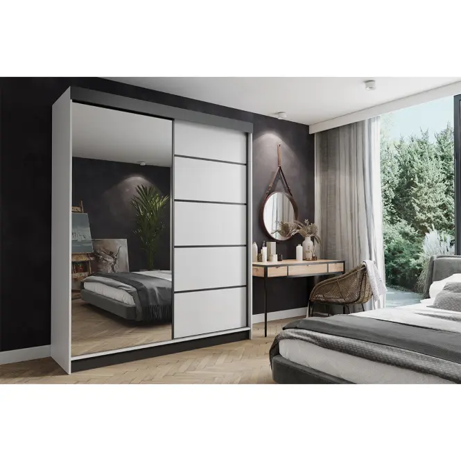 Skriňa s posuvnými dverami Amo 150 cm so zrkadlom – biela, dvojdverová
