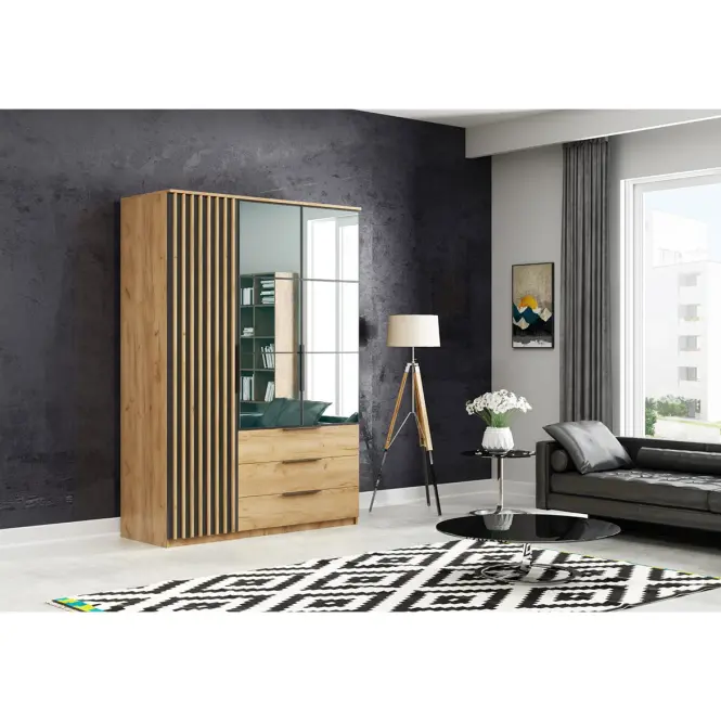 Skriňa Sorento 150 cm so zrkadlom – dub craft/čierna, lamely, trojdverová, zásuvky
