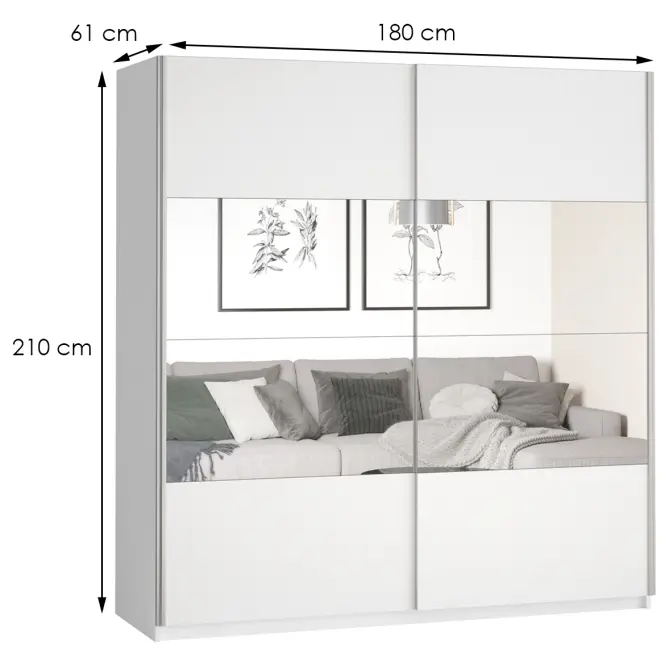 Skriňa s posuvnými dverami 2d Beta 180 cm so zrkadlom 56 biela, dvojdverová