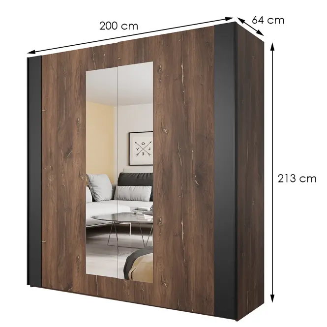 Skriňa s posuvnými dverami Sigma 200 cm so zrkadlom - dub flagstaf tmavý, dvojdverová