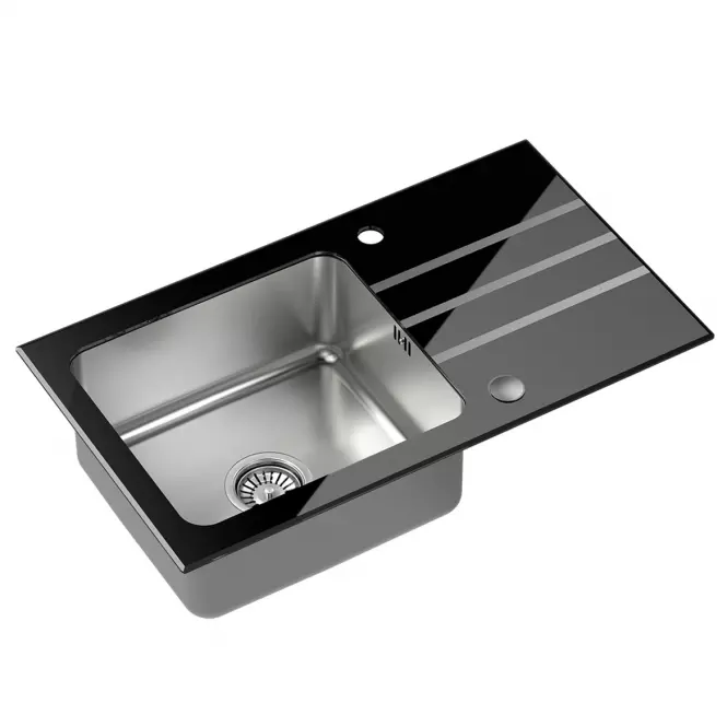 Kuchynský drez z nerezu a tvrdeného skla Efekt  111 770x440x190 mm čierny