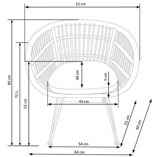 Stolička K456 Rattan/Tkanina/Kov Natural/Šedá