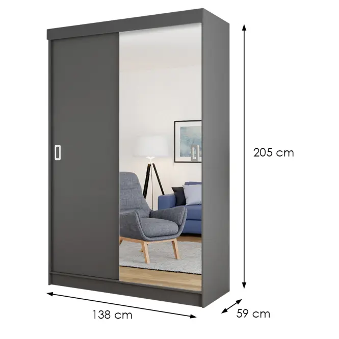Skriňa s posuvnými dverami Bill 1L 138 cm so zrkadlom – grafit, dvojdverová
