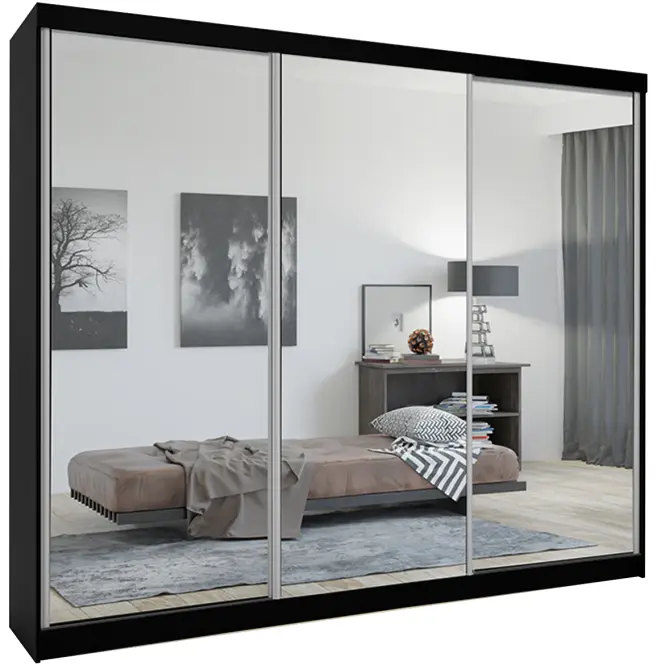 Skriňa s posuvnými dverami Lux 250 cm so zrkadlom – čierna, trojdverová